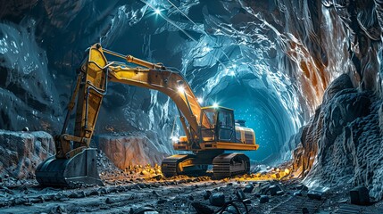 Excavator at work in a brightly lit tunnel, showing construction might - obrazy, fototapety, plakaty