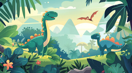 A whimsical dinosaur world with adorable prehistoric creatures and lush greenery, brought to life in a charming cartoon vector illustration - obrazy, fototapety, plakaty