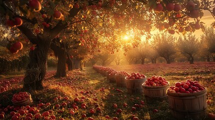 Rustic apple orchard at harvest time, baskets of fruit under gnarled trees