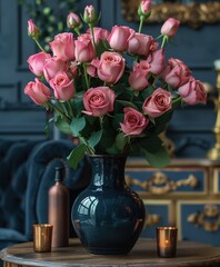 Pink Flowers in Blue Vase: Classy Living Room Decor