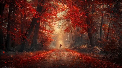 Autumn forest path strewn with red and gold leaves, with a distant figure walking a dog - obrazy, fototapety, plakaty
