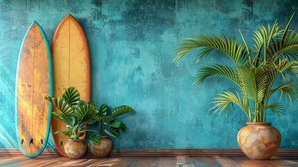 Surfboards propped against a vibrant blue wall with tropical decor accents - obrazy, fototapety, plakaty