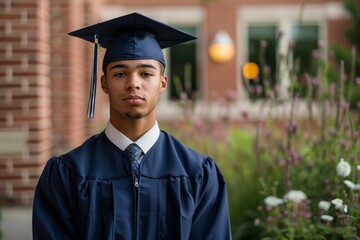 A young man in a blue graduation gown stands in front of a brick building
