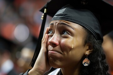 A woman in a graduation cap and gown is crying