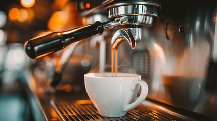 A close-up of a coffee pouring in a white cup from a coffee machine in a cafe. Espresso brewing in a professional espresso machine in a coffee shop. copy space for text.