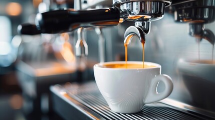 A close-up of a coffee pouring in a white cup from a coffee machine in a cafe. Espresso brewing in a professional espresso machine in a coffee shop. copy space for text.