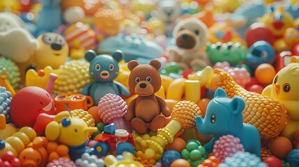 Fototapeta na wymiar Assorted kids' toys create a playful mess on pale background