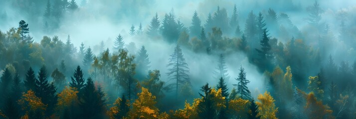 morning fog and a forest - obrazy, fototapety, plakaty