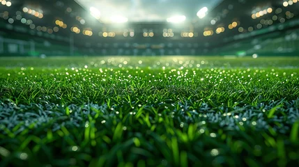 Fotobehang football stadium with lights - grass close up in sports arena - background - generative ai © Jennifer