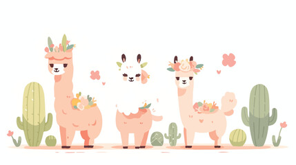 Cute llama and alpaca with cactus 2d flat cartoon v