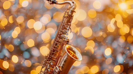 Vibrant saxophone with golden hues set against a backdrop of warm bokeh - obrazy, fototapety, plakaty