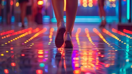 Legs walking on vibrant dance floor with reflections of lights at night