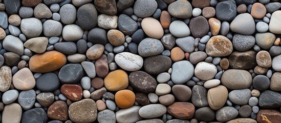 Numerous varied rocks scattered on the sandy shoreline of a beautiful beach reflecting different colors and textures