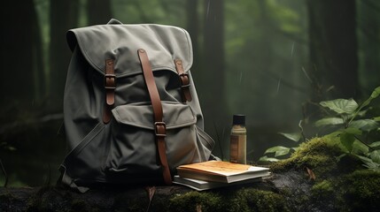 Gray backpack with a raincoat, a pocket knife and a book about adventures against the backdrop of a rainy forest, no text, no inscriptions, no advertisements --ar 16:9 --quality 0.5 --v 5.2 Job ID - obrazy, fototapety, plakaty