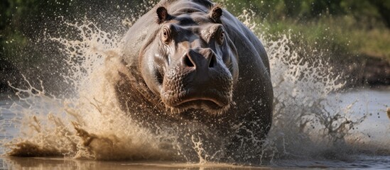 The massive hippopotamus is sprinting through the water, showcasing its powerful jaws wide open in motion