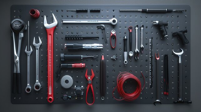 a set of cycling tools used in expert bicycle maintenance workshop with a wall panel tool holder for the fix repair assembly set. Image of tools.