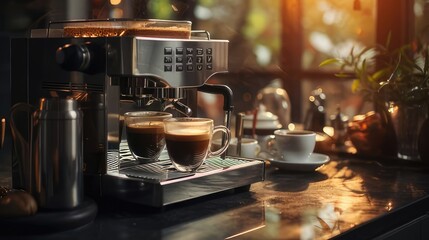Obraz premium a coffee machine in a cozy atmosphere pours coffee into a cup in a warm light. The concept of home comfort, breakfast and good morning