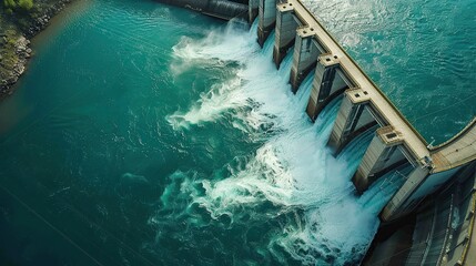 Aerial View of Hydroelectric Dam: Powering Industry and Harnessing Nature's Energy. copy space for text. Drone view.