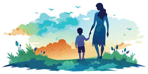 a mother and child walking in the park with watercolor background