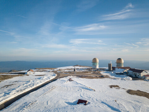 Aerial view to Serra da Estrela tower. Famous snow destinations in Portugal. Manteigas, Portugal