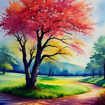 Beautiful spring landscape with colorful trees and road. Watercolor painting