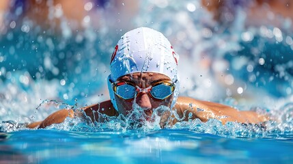 An athlete swimmer blue water in middle of stroke, water splashing around. Swimming competition in a pool or open water. copy space for text.