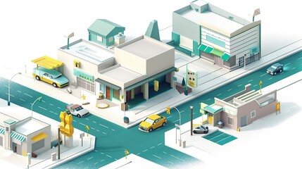 Obraz premium An isometric vector illustration of an outdoor commercial block scene. copy space for text.
