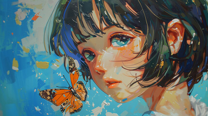painting of girl playing with butterfly anime style