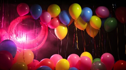Birthday party 80's vibe with a bunch of retro balloons, fluorescent garlands and bright lipsticks on the background, no text, no captions, no advertisements, no people --ar 16:9 --quality 0.5 -