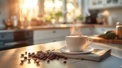 white cup of coffee with steam on a wooden table in a cozy home atmosphere with coffee beans...