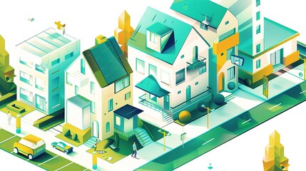 An isometric vector illustration of an outdoor commercial block scene. copy space for text.