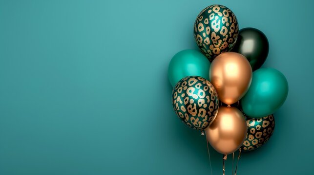 Latex and foil balloon set, turquoise and gold with leopard pattern on teal background. Creative minimal party concept.