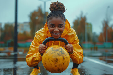 Smiling broadly, a fitness enthusiast holds a kettlebell, capturing a moment of bliss and...