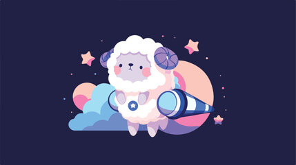 Cute sheep on top of a rocket ship in space 2d flat