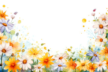 White, yellow and blue daisies. Spring in watercolors. Frame and background.