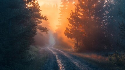 Straight road covered with trees - obrazy, fototapety, plakaty