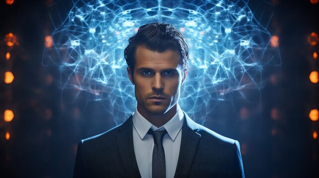 Portrait of a man with a holographic projection of a neural network near his head, symbolizing human interaction with artificial intelligence and machine learning, no text, no inscriptions, no