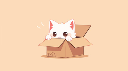 Cute white cat in the cardboard cartoon 2d flat car
