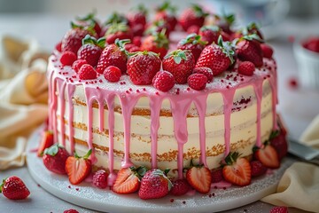 A cake with colorful frosting and fresh strawberries on top