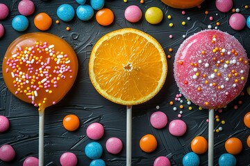 A colorful candy background with lollipops, orange slices and sprinkles on black surface - Powered by Adobe
