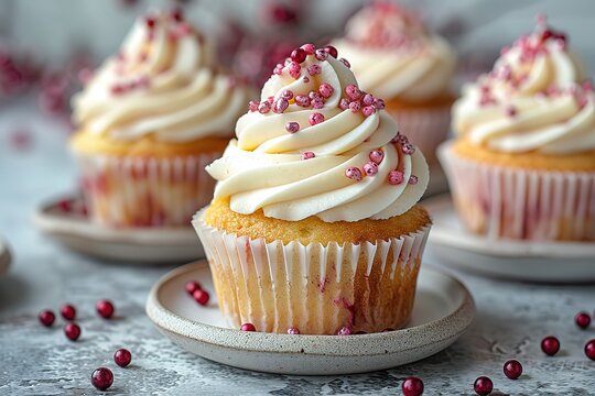 A cupcake with white frosting and red sprinkles, sitting on top of three small round plates against a grey background.
