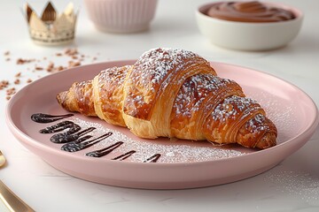 A photo of the most delicious croissant on an elegant pink plate