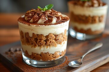 A photo of tiramisu in glass, the most famous Italian dessert made with layers of empty cake