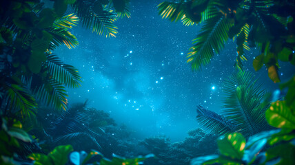 Fototapeta na wymiar Starlit sky framed by the silhouette of palm leaves at night