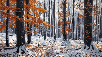 October mountain beech forest with first winter snow - obrazy, fototapety, plakaty