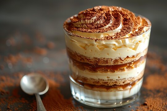 A photo of tiramisu in glass, the most famous Italian dessert made with layers of empty cake