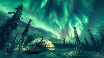Watch the Celestial Dance! Enthralling View of Aurora Borealis from a Snow Igloo in Lapland, Finland - obrazy, fototapety, plakaty