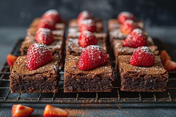 A tray of brownies with strawberries on top