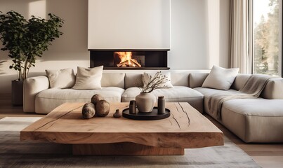 Tree sump coffee table against sofa and fireplace style
