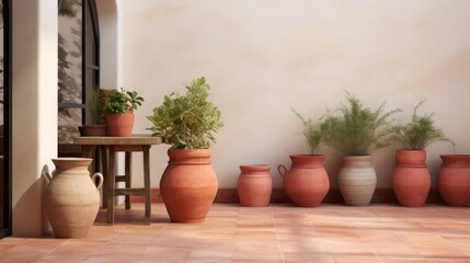 Mediterranean style with terracotta pots and mosaic tables against limestone walls and natural stone floors no text, no writing, no text, no inscriptions, no advertising --ar 16:9 --quality 0.5 -